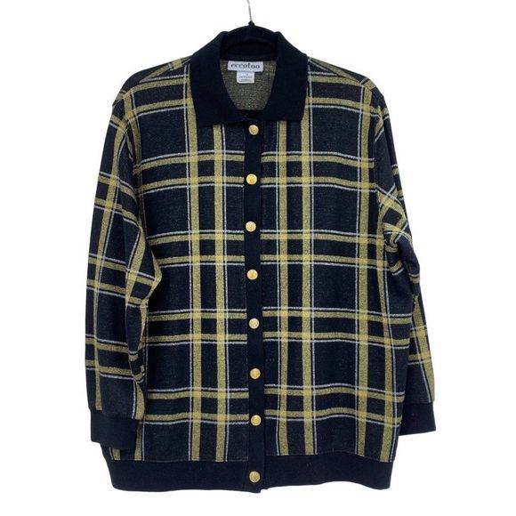 Eccotoo Women Black Metallic Thread Plaid Sweater Cardigan Size 1X 2417 holiday - Picture 1 of 11